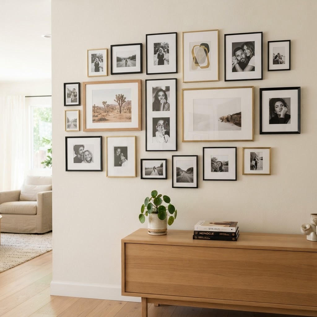 A curated gallery wall of framed photographs in a bright modern living room